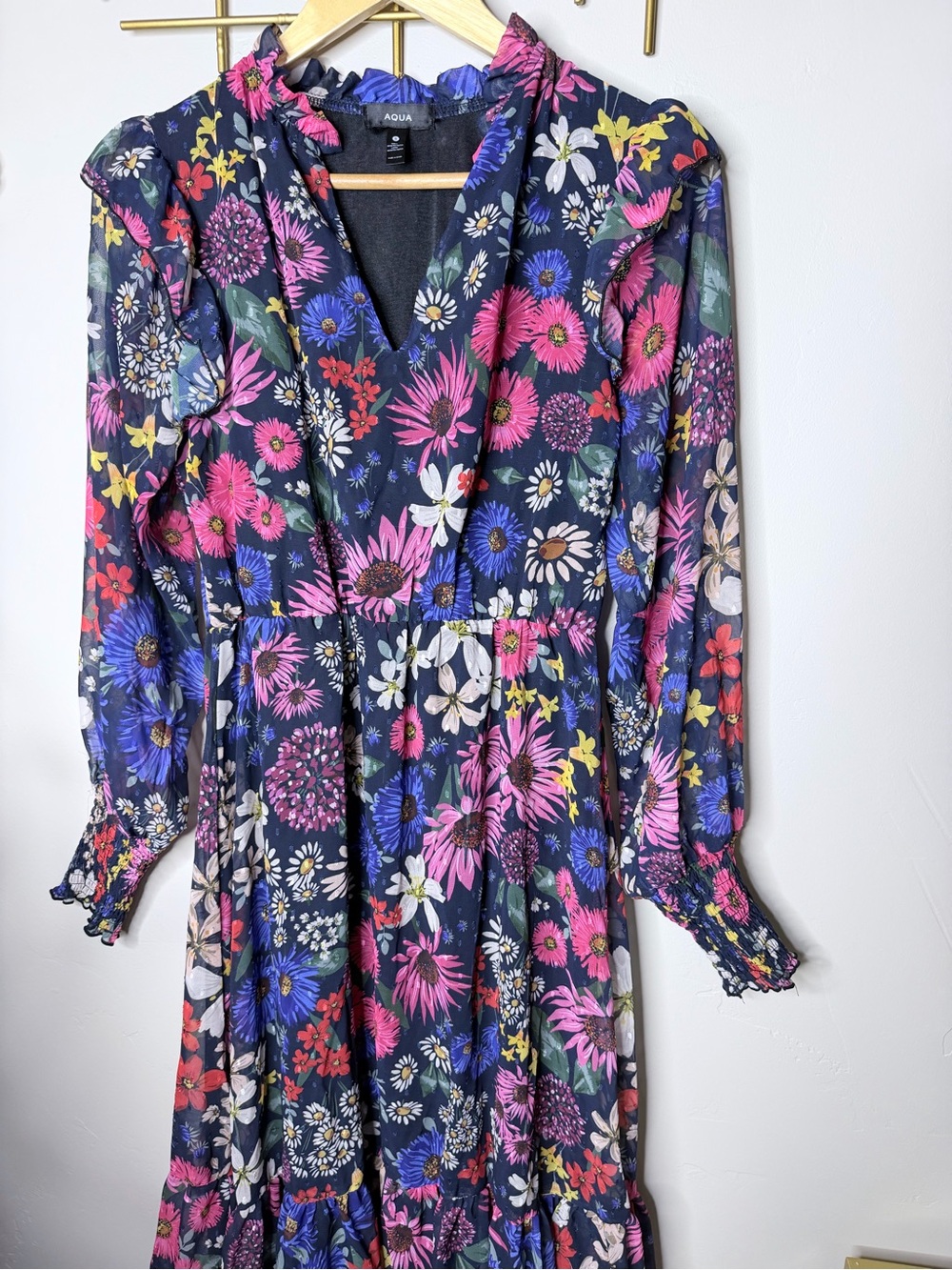 AQUA Floral Long Sleeve Maxi Dress